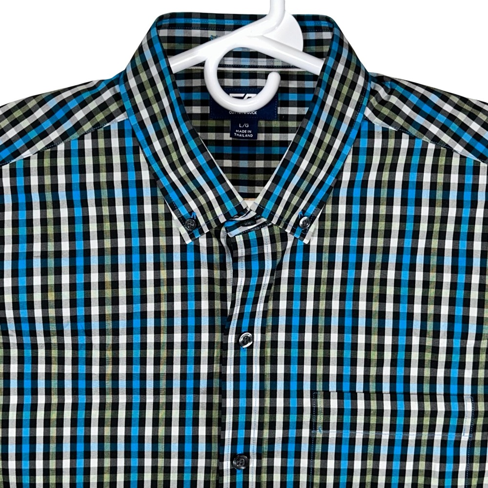 Cutter & Buck Mens Large Blue Black Plaid Button Down Long Sleeve Shirt Stretch
